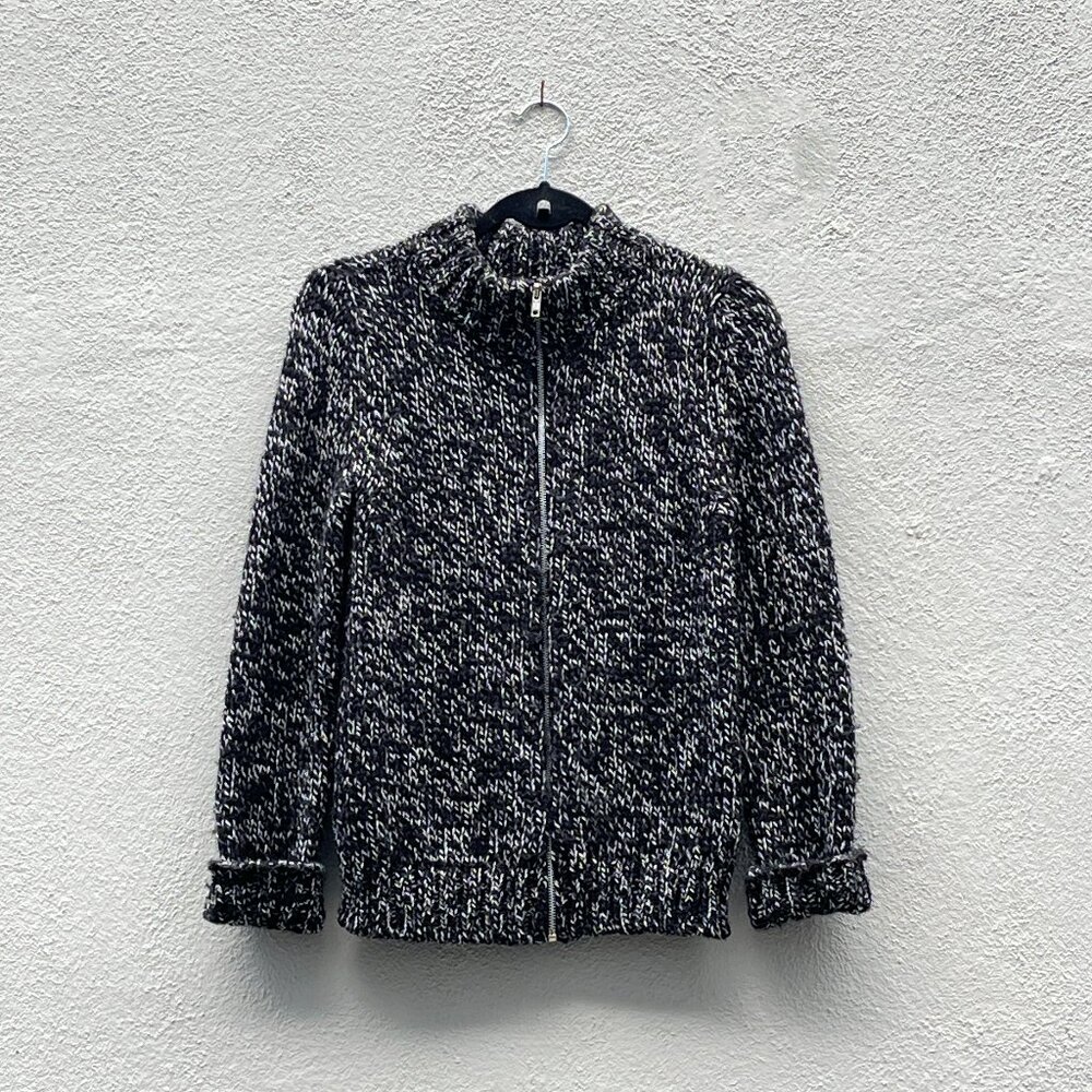 Nadine Italy Black and White Chunky Knit Wool Zip Up Cardigan Sweater